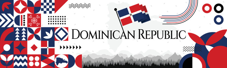 Dominican Republic Independence Day banner with name and map. Flag color themed Geometric abstract retro modern Design. White, red and blue color vector illustration template graphic design. - obrazy, fototapety, plakaty