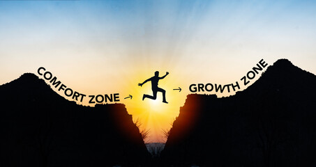 Man jumping from comfort zone to growth zone. Success and change concept