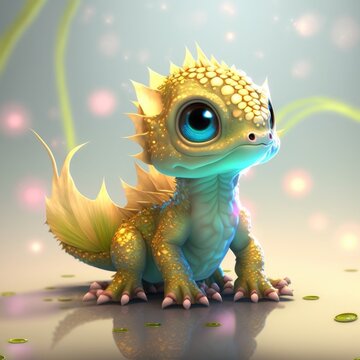 Golden Baby Dragon With Opalescent Scales Isolated On The Background. Children Friendly. Generative Ai.