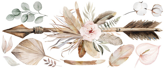  Watercolor arrow with tropical leaves and flowers bouquet, brown and beige Boho Wedding illustration © katrinshine