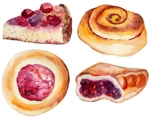 Half of Russian or ukrainian jam Pie isolated watercolor illustration, baked goods