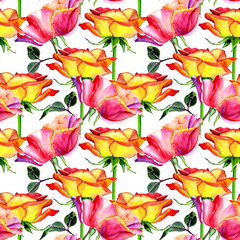 Fototapeta na wymiar Watercolor roses in a seamless pattern. Can be used as fabric, wallpaper, wrap.