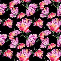 
Watercolor roses and tulips in a seamless pattern. Can be used as fabric, wallpaper, wrap.