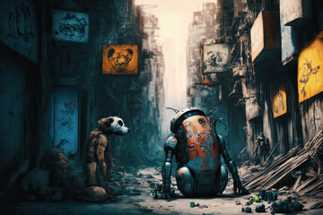 Obraz na płótnie Canvas Homeless Robots In A Futuristic Lost City. Generative AI Illustration