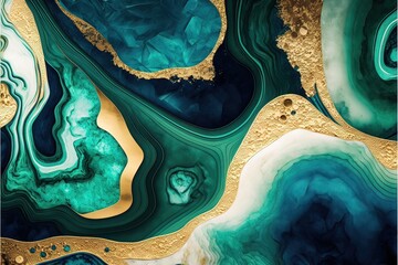 Luxurious fluid art in gold, blue and green marine paint. Divorces and waves, mixing colors. A cut of stone, precious. Abstract liquid fluid art background.