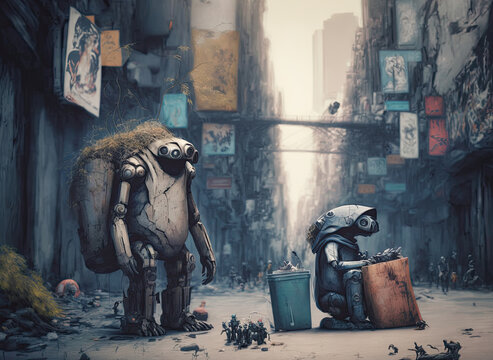 Homeless Robots In A Futuristic Lost City. Generative AI Illustration