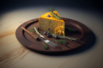 Cheese platter with rosemary and fork, Generative AI