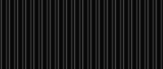 Vector black striped metal wall texture. 3d gray linear grooved plastic siding seamless pattern. Line structure metallic urban fence background. Iron dark roofing tile horizontal banner. Facade vinyl