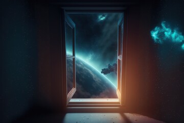 The window is open with a view of space. The starry sky. 3D rendering. Generative AI.
