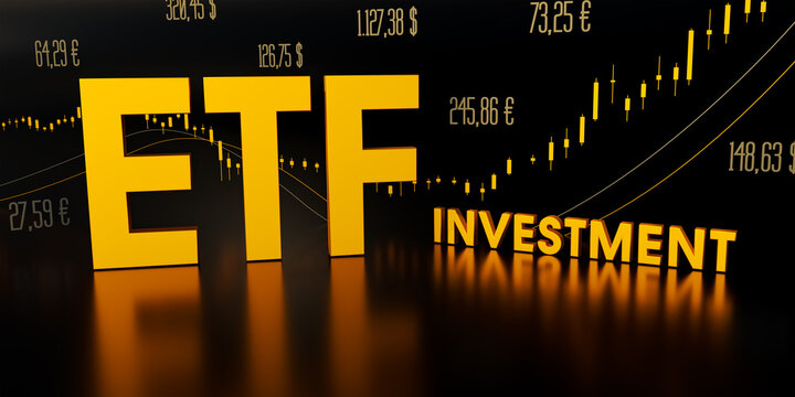 ETF investment (Exchange Traded Funds). Chart, lines, share prices and the word ETF investment in gold shining letters. Stock Marketand exchange, trading and business concept. 3D illustration