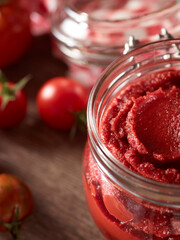 Tomatoes and tomato paste on table