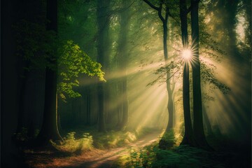 morning in the forest , ai generated