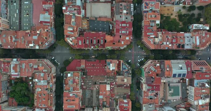 Aerial view of typical buildings of Barcelona cityscape. Eixample residential famous urban grid. Catalonia, Spain