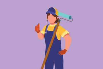 Cartoon flat style drawing cute handywoman holding long paintbrush roll with thumbs up gesture is ready to work on painting wall and repairing damaged part of house. Graphic design vector illustration