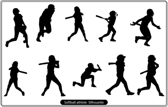 isolated silhouette of a softball woman player, black and white vector drawing, white background
