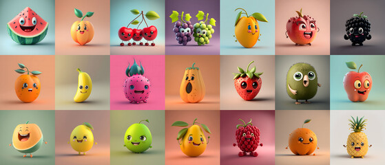 Happy Fruits, Cute Cartoon 3D Collection, Simple Background, Illustration generative ai