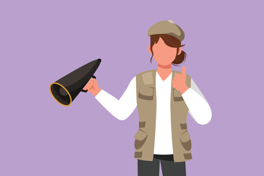 Character flat drawing female film director holding megaphone with thumbs up gesture, wearing vest, and cap while set the crew for shooting romance film in studio. Cartoon design vector illustration