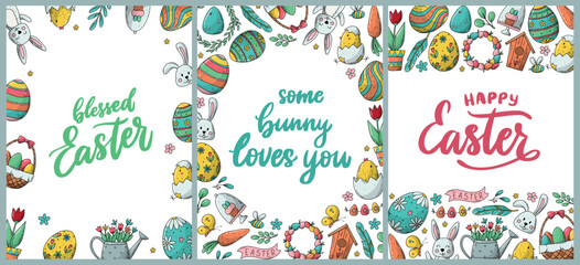 Fototapeta na wymiar set of 3 Easter greeting cards, posters, prints, invitations, templates decorated with lettering quotes, doodles on white background. EPS 10
