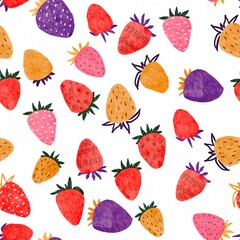 Trendy Funky Strawberry Seamless Pattern. Hand Drawn Colorful Fruits Doodle. Cute Berries for paper, print, decor, poster, backdrop, wallpaper, textile, cloth. Watercolor Fruit