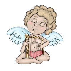 Cute cupid with harp cartoon art. Colorful little angel or god eros with an arph. Funny amur baby, heart hunter romantic character. Design for coloring page, Valentines day, cards