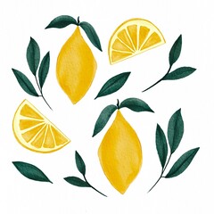Watercolor Tropical Lemons Illustration. Hand Pained Citrus Fruit Isolated. Natural Lemons and Branch with leaves