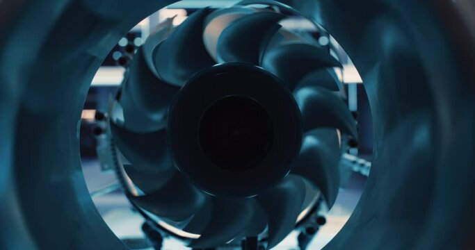 Zoom In Close Up Footage From Inside of a Combustion Chamber of an Advanced Futuristic Turbine Engine with a Rotating Fan. Modern Industrial Jet Engine in Research and Development Facility