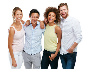 Diversity, people and friends laughing while standing together in friendship against a white studio background. Portrait of isolated diverse group smiling in unity for community on white background