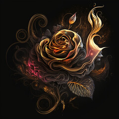 Rose and golden element on black background - generated by Generative AI