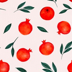 Watercolor Organic Pomegranate Fruits Seamless Pattern. Hand Drawn Sweet Fruits for card, print, poster, paper, fabric, web, backdrop, background, wallpaper. Illustration