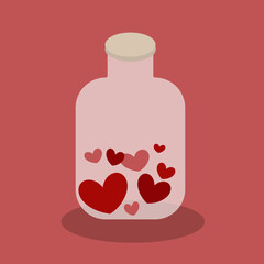 Love bottle vector illustration, potion, Valentine's day, hearts, love, pink, red, for print, background, icon, design, symbol, cute, couple, cartoon, textile, sweethearts, gift card