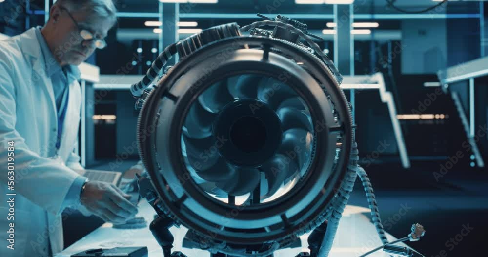 Poster middle aged industrial turbine specialist working on an innovative invention. scientist using a lapt