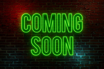 Coming soon, neon sign. Brick wall at night with the text "Good news" in red neon letters. Announcement message, business and marketing place concept. 3D illustration 