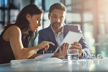 Business meeting, tablet and late discussion for tech stratergy, digital marketing research or web...