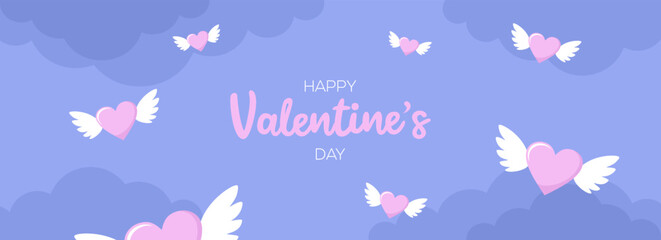 Valentine's day greeting banner. Pink flying hearts with wings, greeting text and clouds and on a purple background. Flat vector illustration