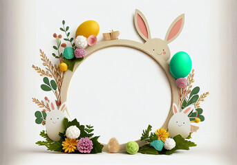 Naklejka na ściany i meble Easter Frame with Eggs and Flowers, White Blank Picture Frame Mockup, Generative AI Illustration