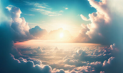 Fototapeta Sun Rise in Cloudy Sky Background, Dramatic Sunrise, Airplane View Above Clouds, Generative AI Illustration obraz