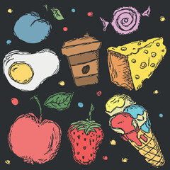 Vector set icons with foods. Doodle vector with foods icons. Colored food set icons. Food background