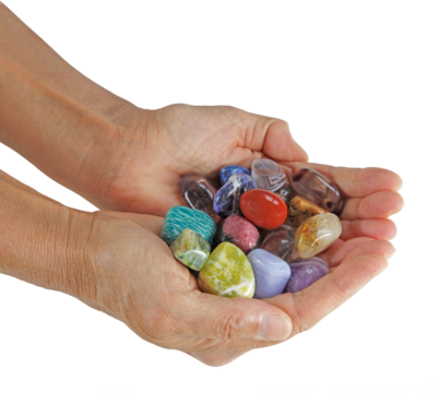 Crystal therapist with cupped hands filled with a selection of multicoloured healing tumbled gem stones transparent png file - Powered by Adobe
