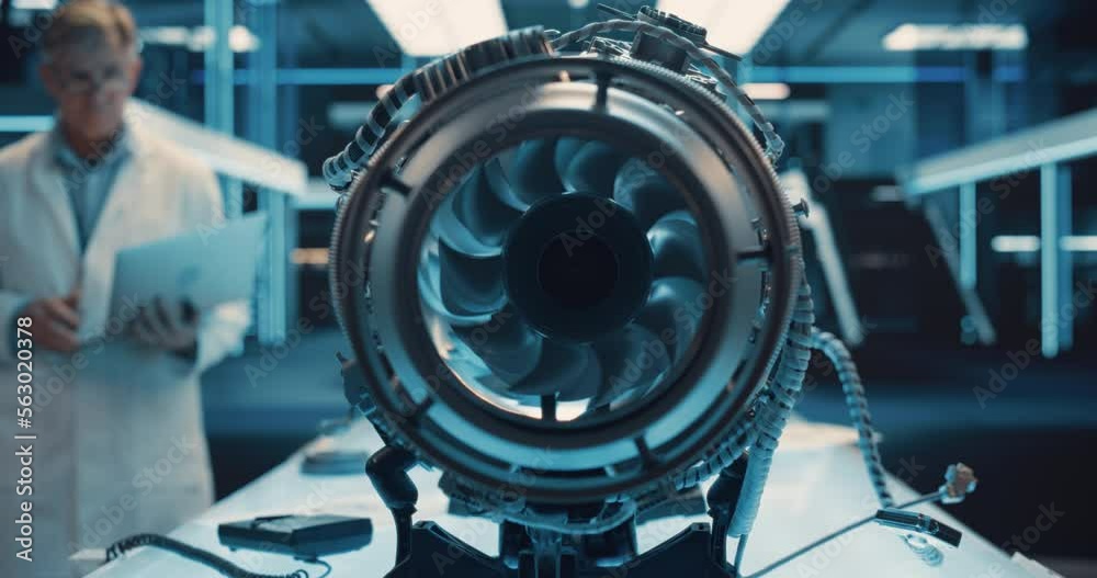 Poster Adult Engineer in a White Scientist Coat with Laptop Computer Comes Up to Perform Diagnostics and Tests on a Futuristic Aerospace Jet Engine. Zoom In Footage Moving Inside an Advanced Turbine