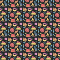 Seamless pattern with sweets. Doodle vector illustration with sweets icons. Vintage sweets background