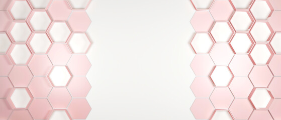 Red hexagons on white background wallpaper with copy space. 3d render illustration.