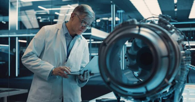Middle Aged Industrial Turbine Specialist in Glasses Standing at a Table With an Innovative Invention. PhD Professor Using Laptop Computer to Develop a High Tech Prototype Electric Motor