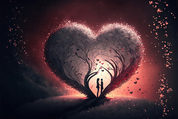 Valentine's Day. A Heartwarming Image of a Couple Embracing Under a Heart-Shaped Tree. Ai generated art