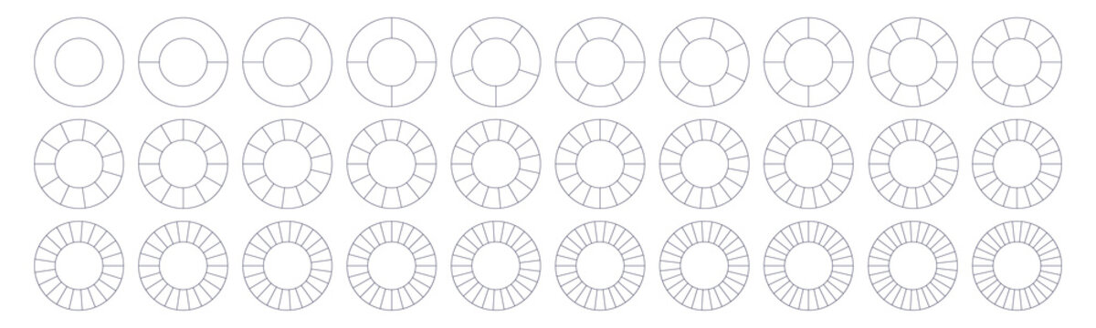 Fractions Pie Divided For Math. Circle Pie With Pieces. Segment Slice Set. Simple Geometry. Vector Isolated Illustration