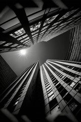 Bottom view at skyscrapers intersection in black and white , ai generated