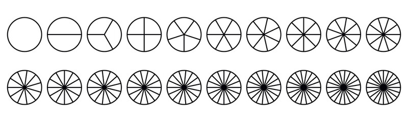 Fractions pie divided for math. Circle pie with pieces. Segment slice set. Simple geometry. Vector isolated illustration