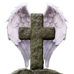 Old masonry cross with a pair of white angel wings behind transparent png file 