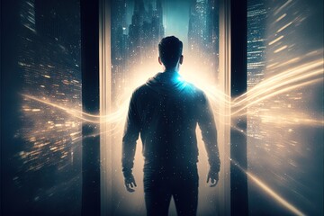 Man inside teleport cabin while teleporting in lights rays illustration generative ai