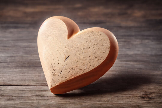 Photo of a carved heart shape made of wood, on a light grey wooden table surface