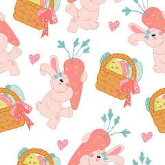Easter pattern seamless design with bunny and basket of colored eggs, cartoon in kawaii style vector illustration. Easter spring seamless pattern.